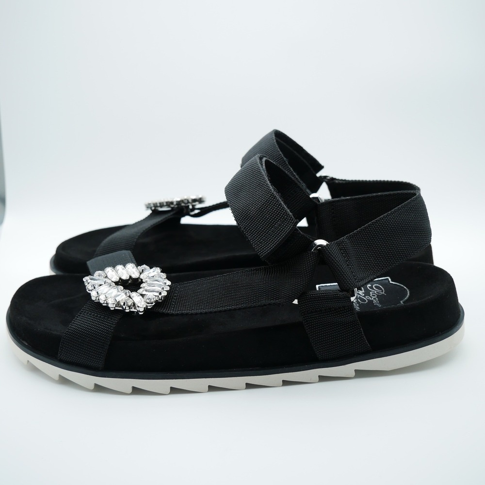 Roger Vivier Trekky ViV Crystal Buckle Sandals Black Fabric Strappy Size 37